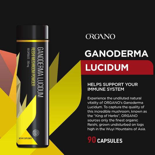 Close-up of Organo OGX Ganoderma Lucidum capsules, ideal for everyday wellness.
