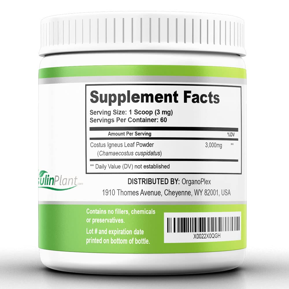 Closeup of Organoplex Insulin Plant Powder jar, high-quality GMP-manufactured supplement.