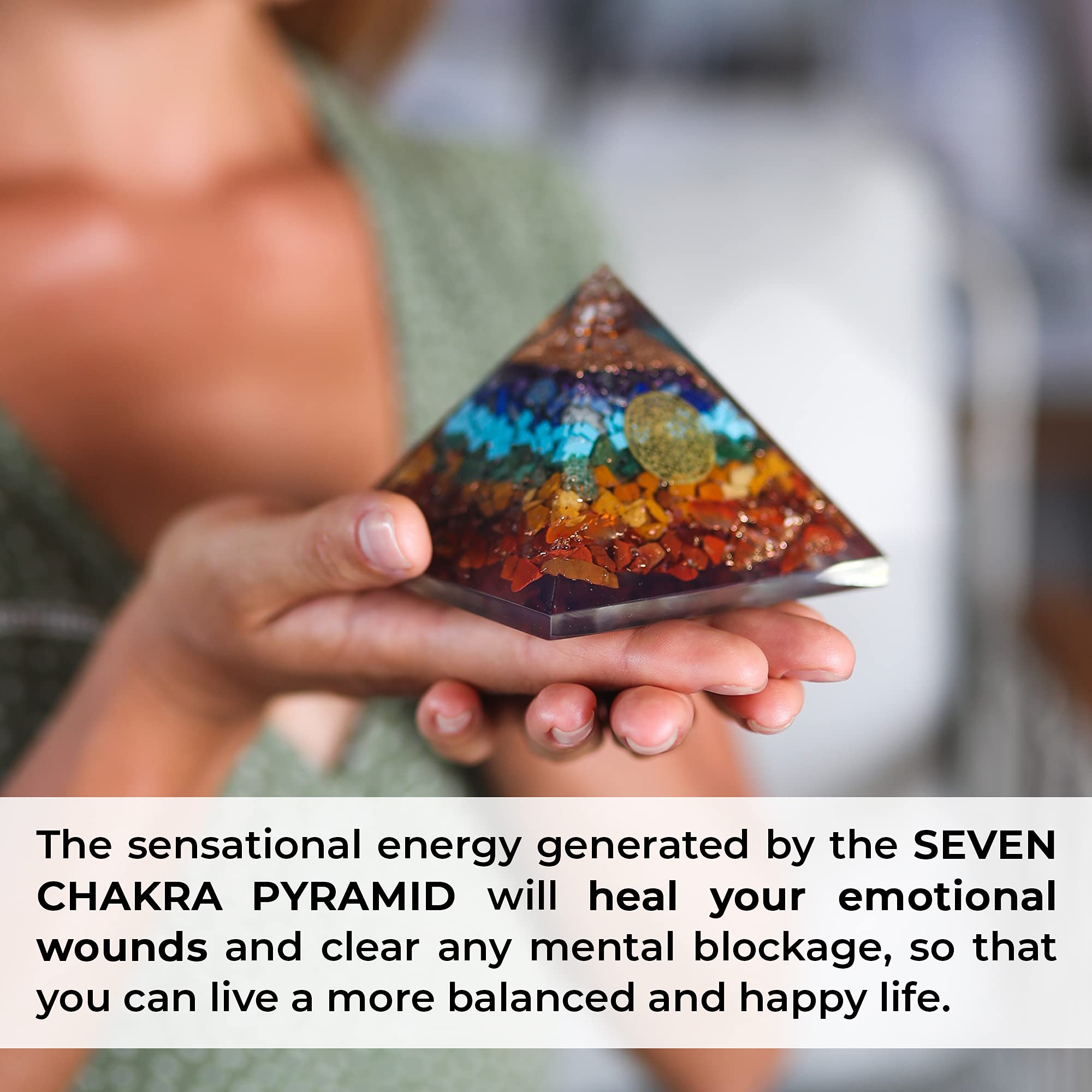 Orgonite Crystal Seven Chakra Pendant front view offers wearable energy balance