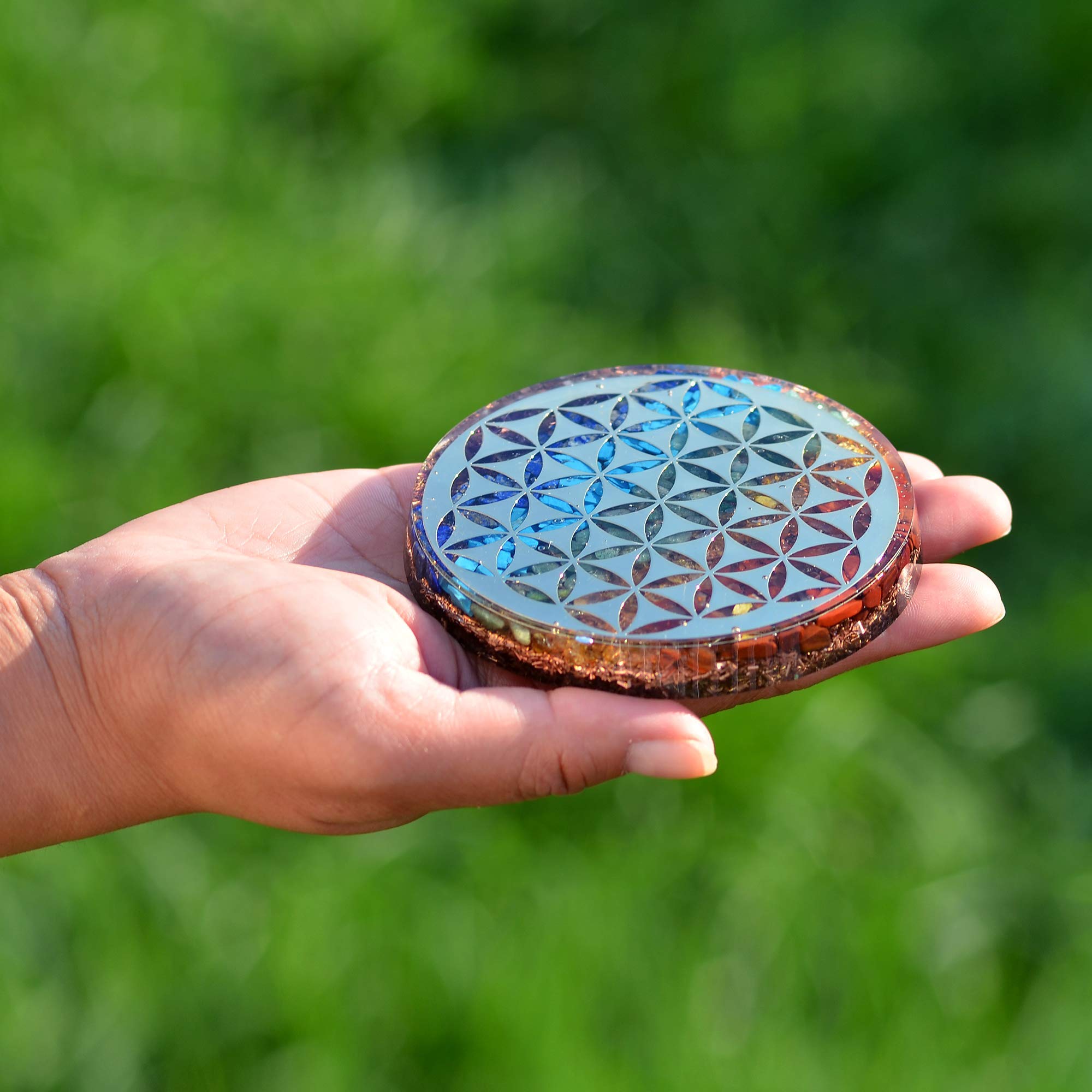 Orgonite Crystal Water Charging Plate Flower of Life geometry detail.