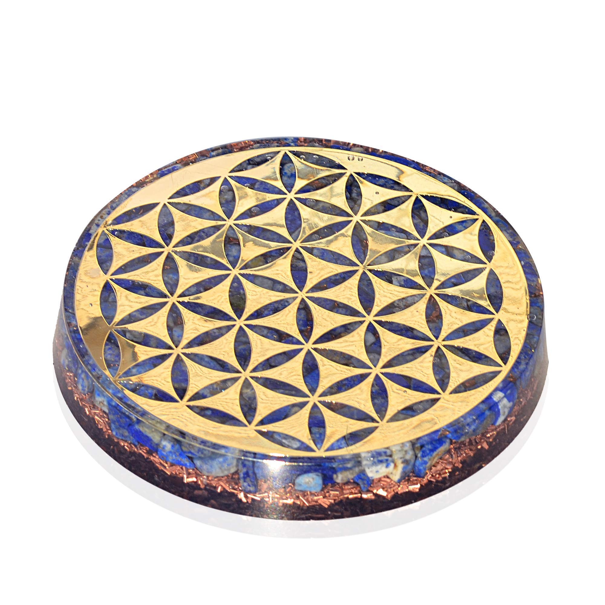 Orgonite Crystal water charging plate with Lapis Lazuli enhances meditation focus.