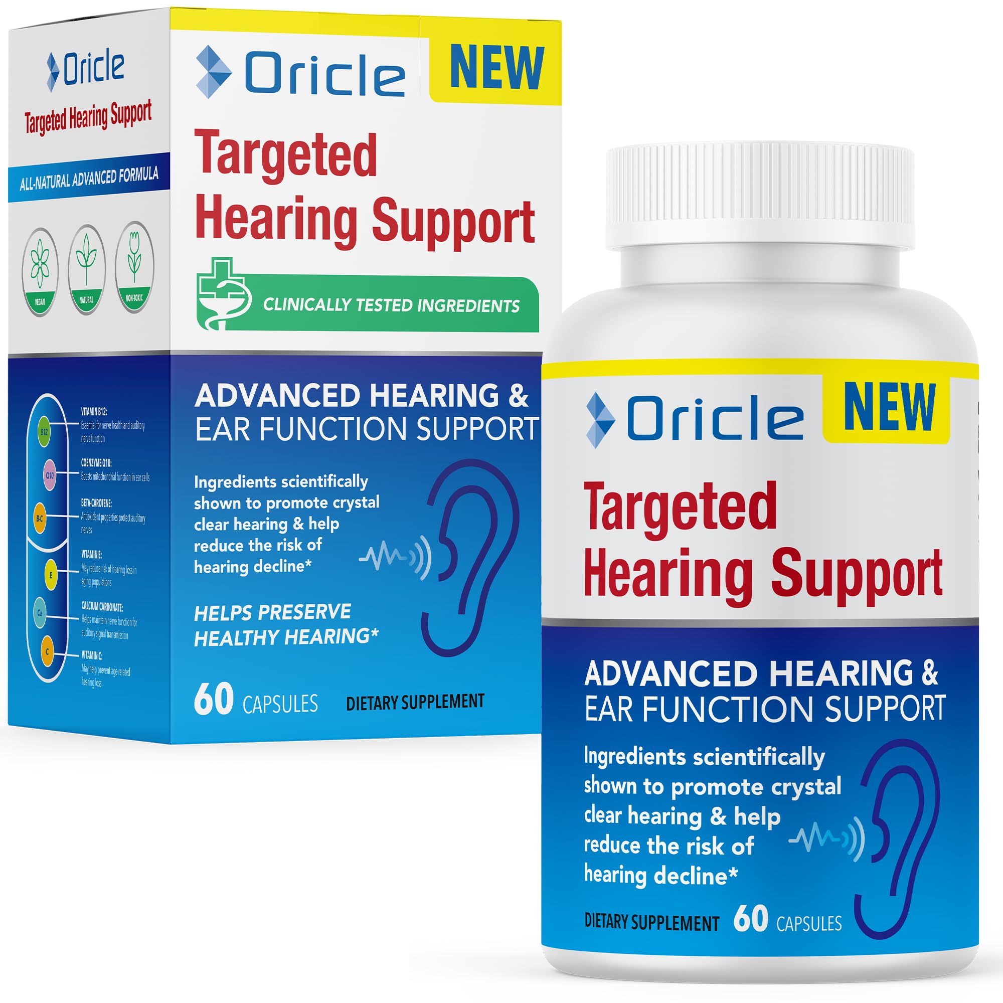 Oricle Targeted Hearing Support bottle, vegan capsules for daily ear wellness and balanced circulation.
