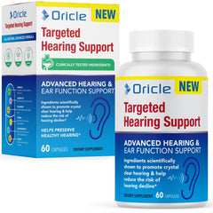 Oricle Targeted Hearing Support bottle, vegan capsules for daily ear wellness and balanced circulation.
