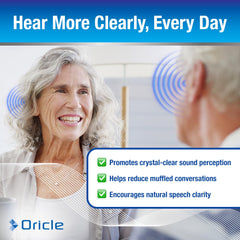 Oricle Targeted Hearing Support capsules closeup, emphasizing circulation-supporting ingredients for auditory balance.