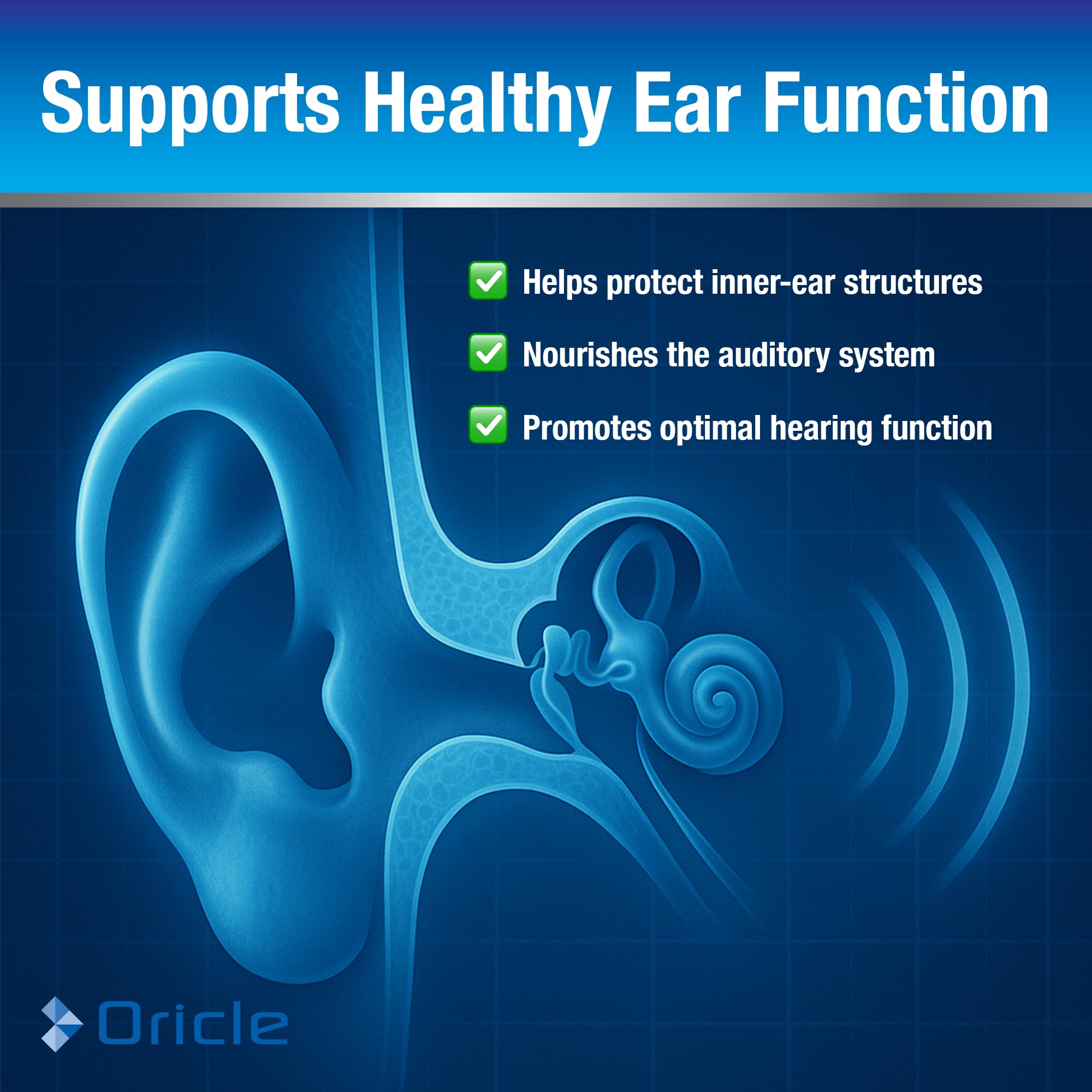Oricle Targeted Hearing Support ingredients label, highlighting Ginkgo, CoQ10, and zinc for potential ear health support.