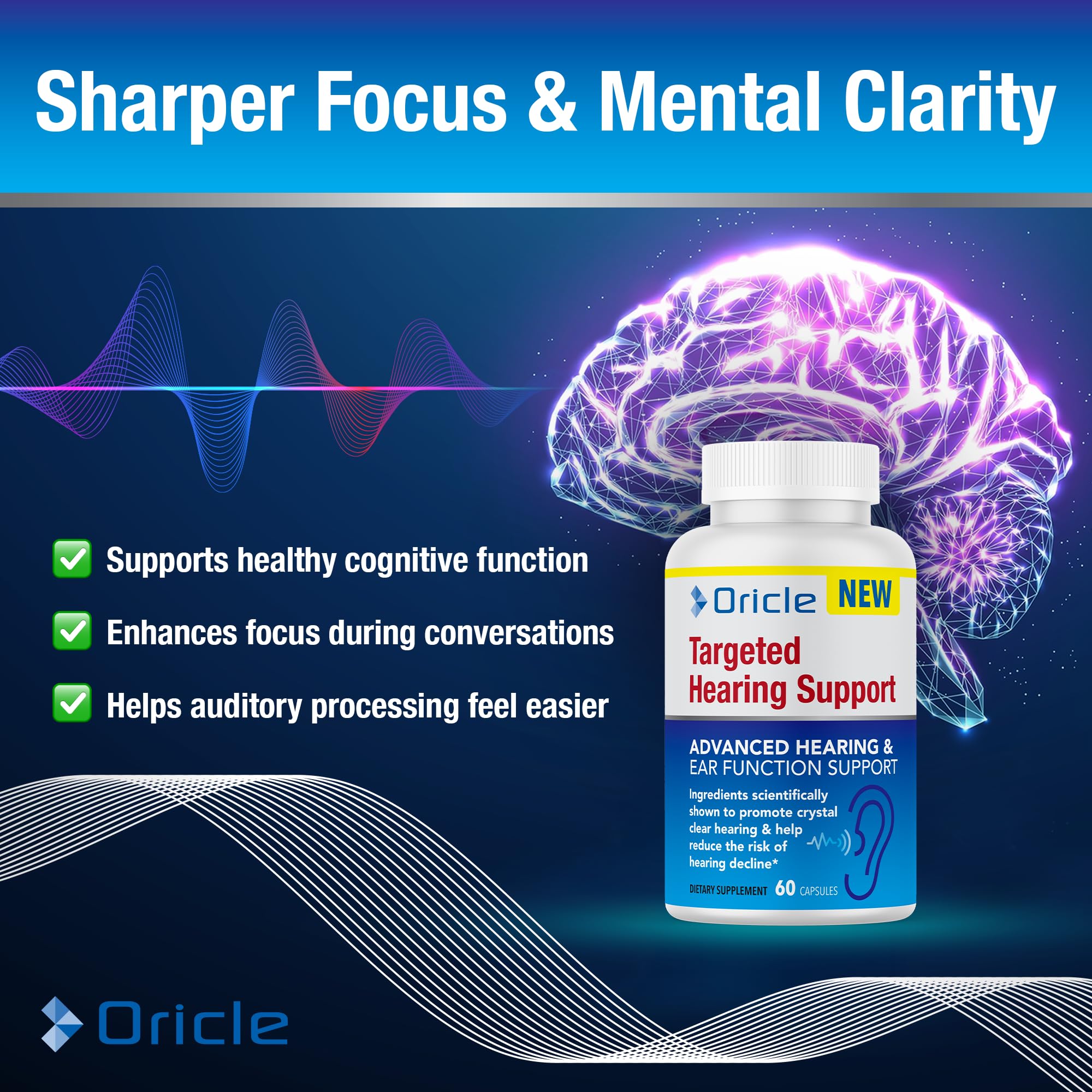 Oricle Targeted Hearing Support made-in-usa badge communicates quality and reliable potency.