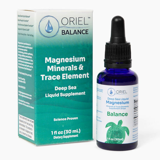Oriel Magnesium Drops bottle front — supports electrolyte balance with rapid absorption.