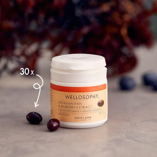 Oriflame Wellness Astaxanthin & Bilberry Extract capsule offering antioxidant skin support.