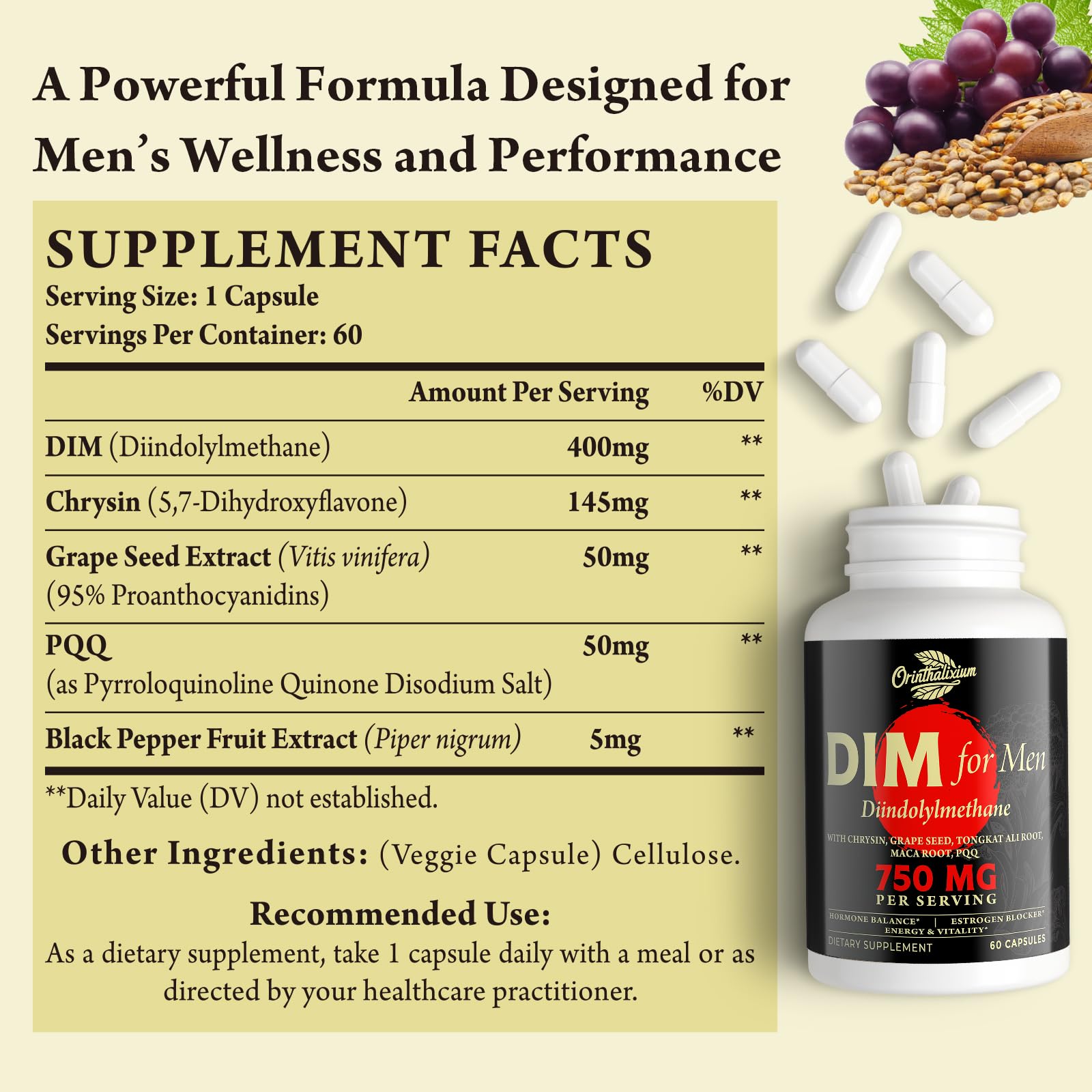 Orinthalixium DIM for Men bottle back with dosage and key ingredients listed