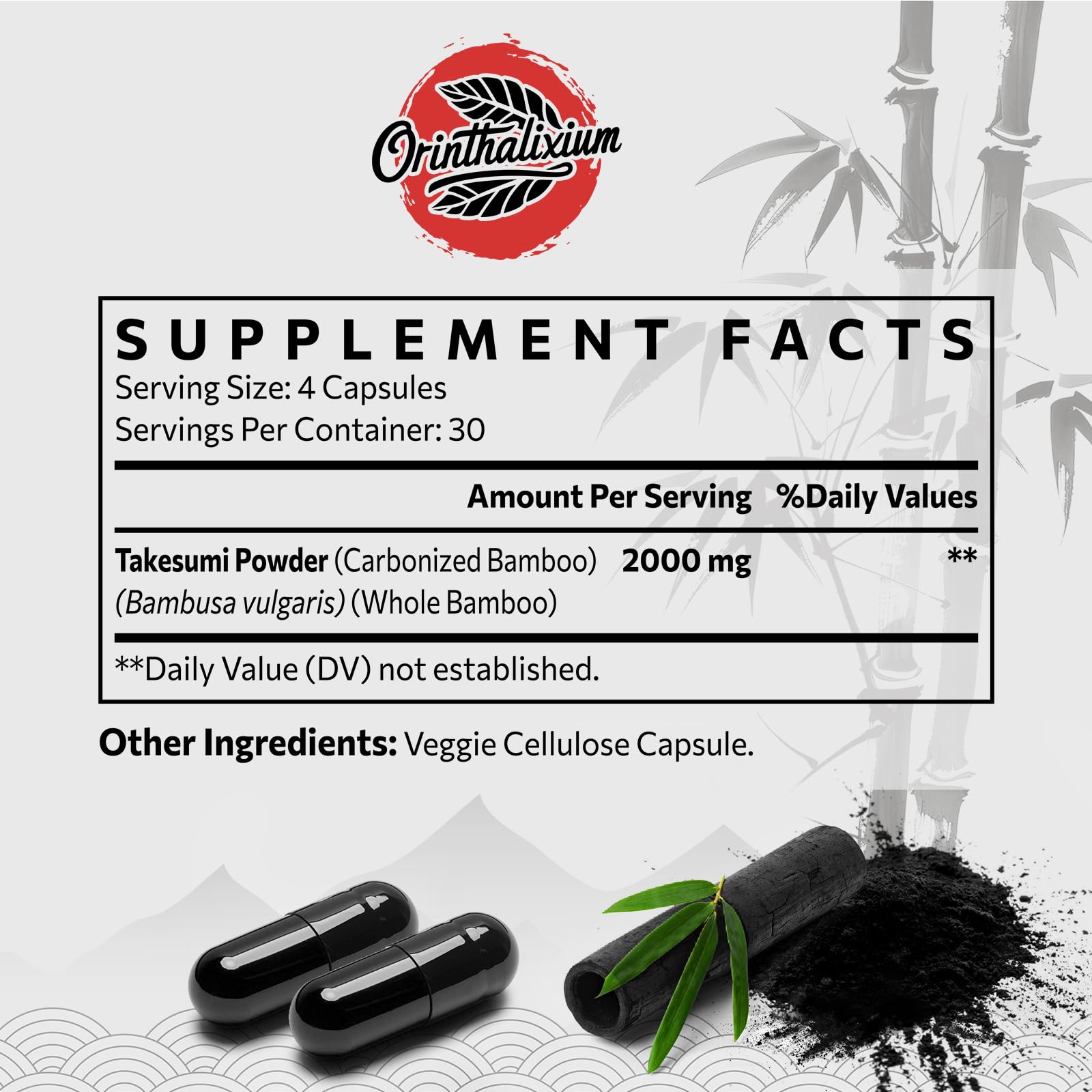 Orinthalixium Takesumi bamboo charcoal capsules, convenient daily dosage.