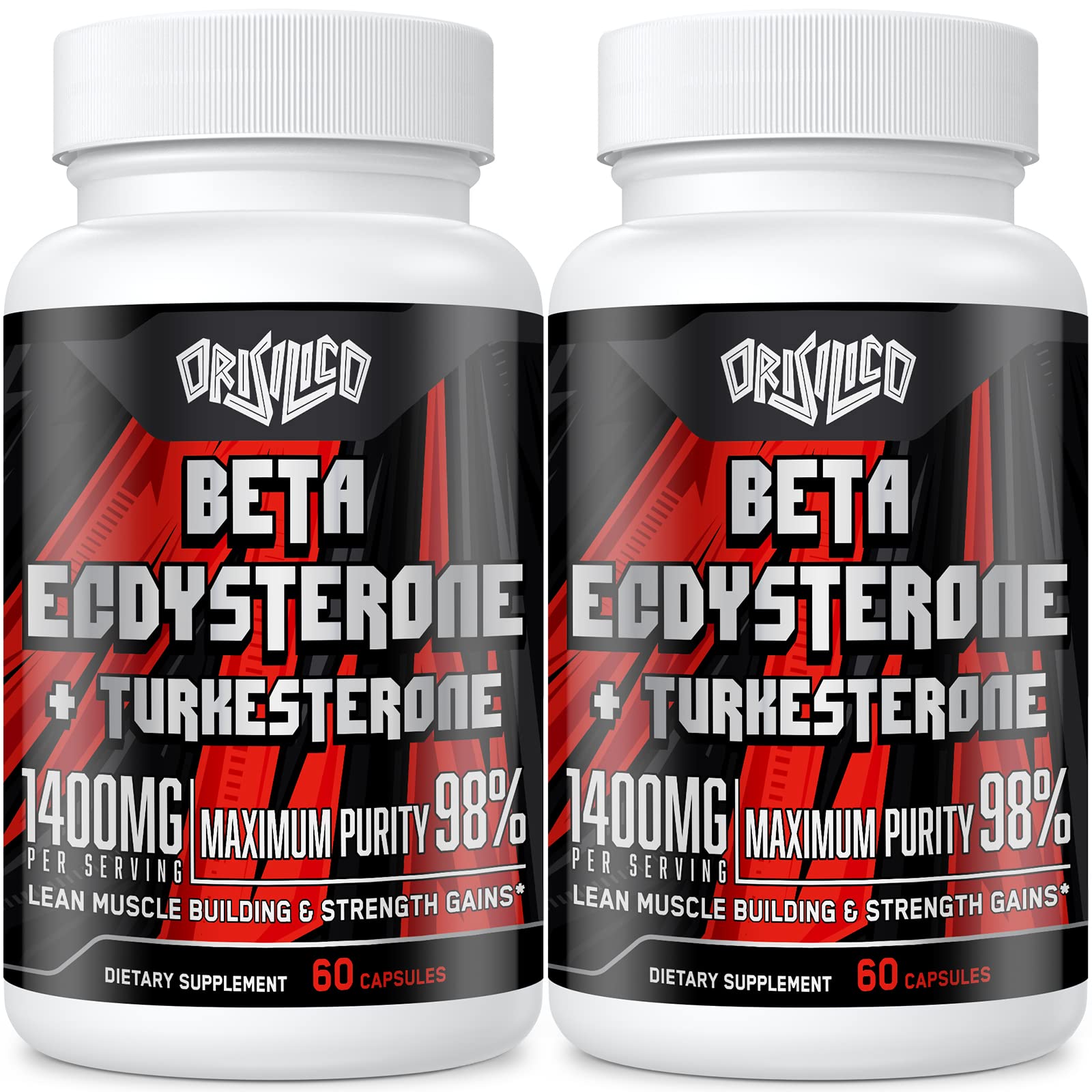 Orisilico bottle close-up showing high-purity beta-ecdysterone and turkesterone ingredients for natural muscle support.