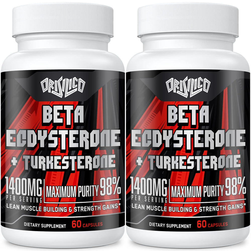 Orisilico bottle close-up showing high-purity beta-ecdysterone and turkesterone ingredients for natural muscle support.
