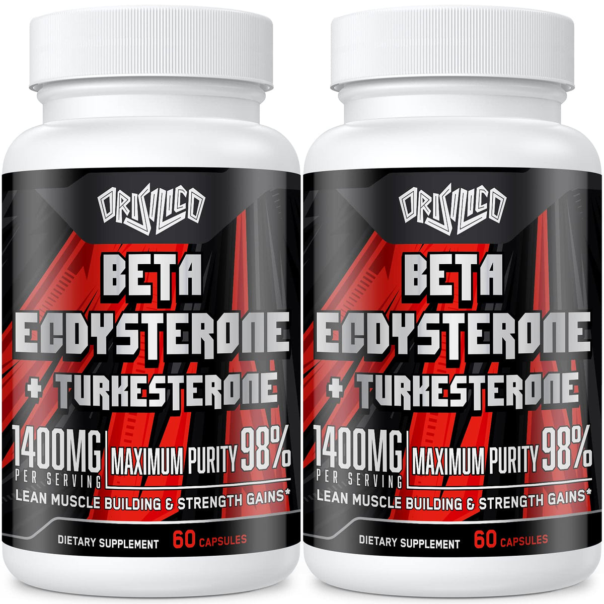 Orisilico bottle close-up showing high-purity beta-ecdysterone and turkesterone ingredients for natural muscle support.