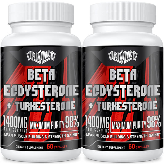 Orisilico bottle close-up showing high-purity beta-ecdysterone and turkesterone ingredients for natural muscle support.