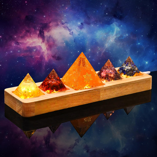Ornalrist 5 Chakra Orgone Pyramid with wooden LED base glow for meditation ambience.