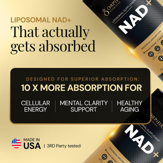Orphira Nutrition NAD+ bottle with dropper enabling precise daily dosing for steady energy.