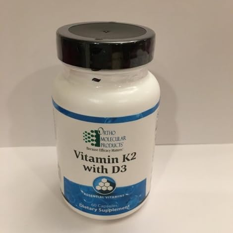 Ortho Molecular K2 D3-60 bottle front view highlighting bone support and circulatory health potential.