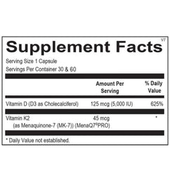 Ortho Molecular K2 D3-60 label close-up emphasizing immune function and cardiometabolic support.