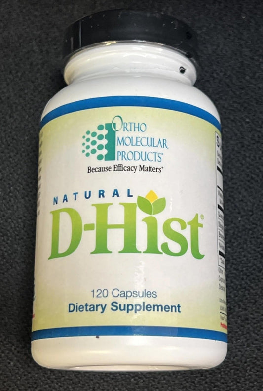 Ortho Molecular Natural D-Hist bottle highlighting immune balance and sinus support.