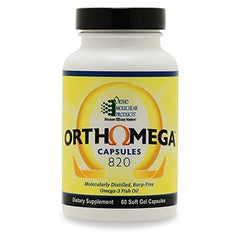 Ortho Molecular Orthomega 820 softgel bottle highlighting high-absorption omega-3.