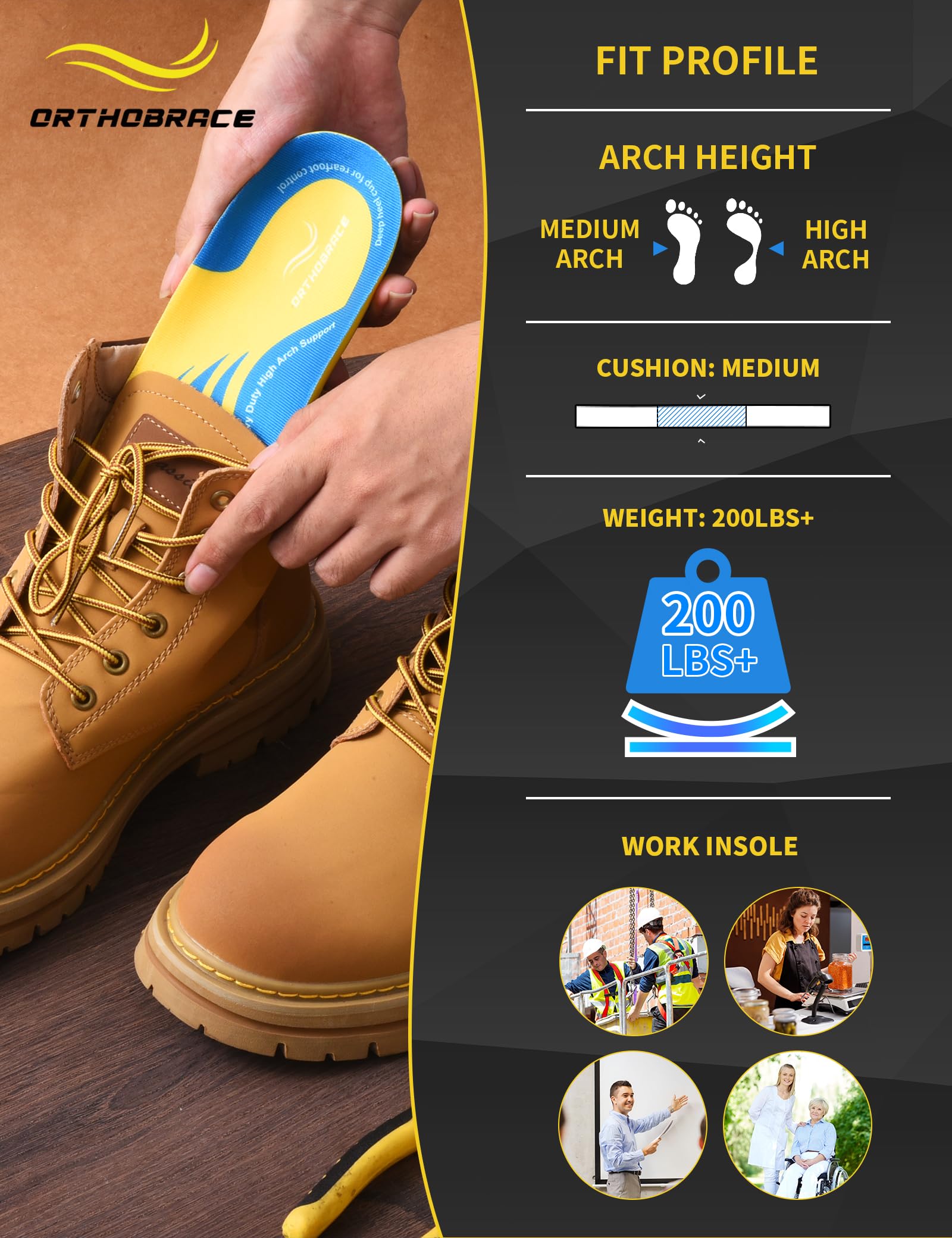 Orthobrace insoles in a work boot illustrate strong arch support for prolonged standing.