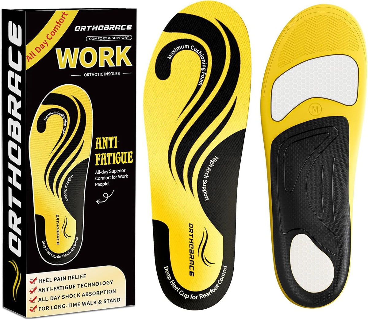 Orthobrace work boot insoles with anti-fatigue gel pad for all-day comfort.