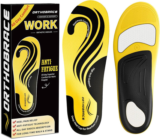 Orthobrace work boot insoles with anti-fatigue gel pad for all-day comfort.