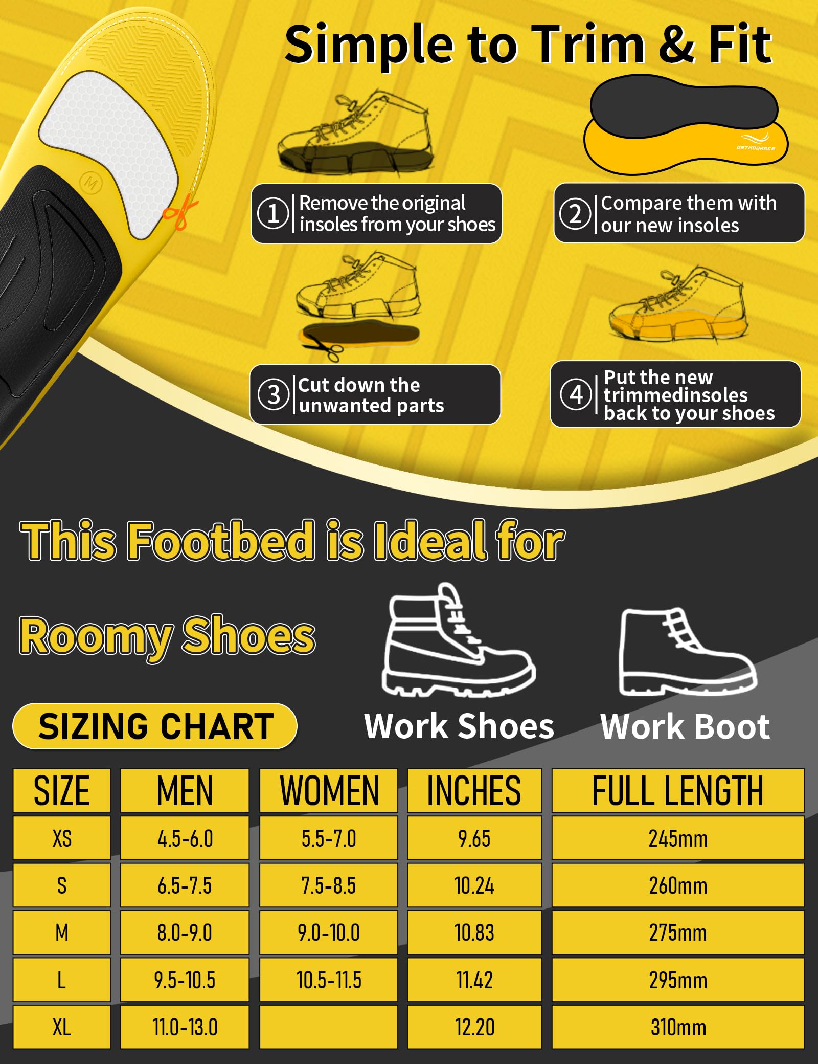 Orthobrace work boot insoles trim to fit for versatile footwear compatibility.