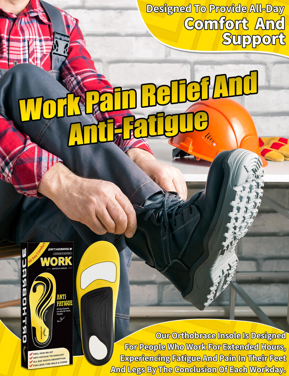 Orthobrace insole featuring gel pad cushioning for long shifts.