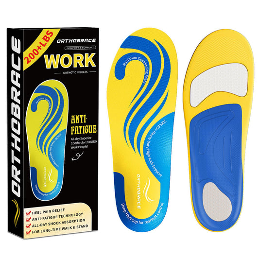 Orthobrace work insoles packaging showcases durable build for all-day comfort.