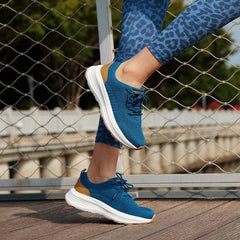 Blue breathable mesh upper of OrthoComfoot shoe for cool feet
