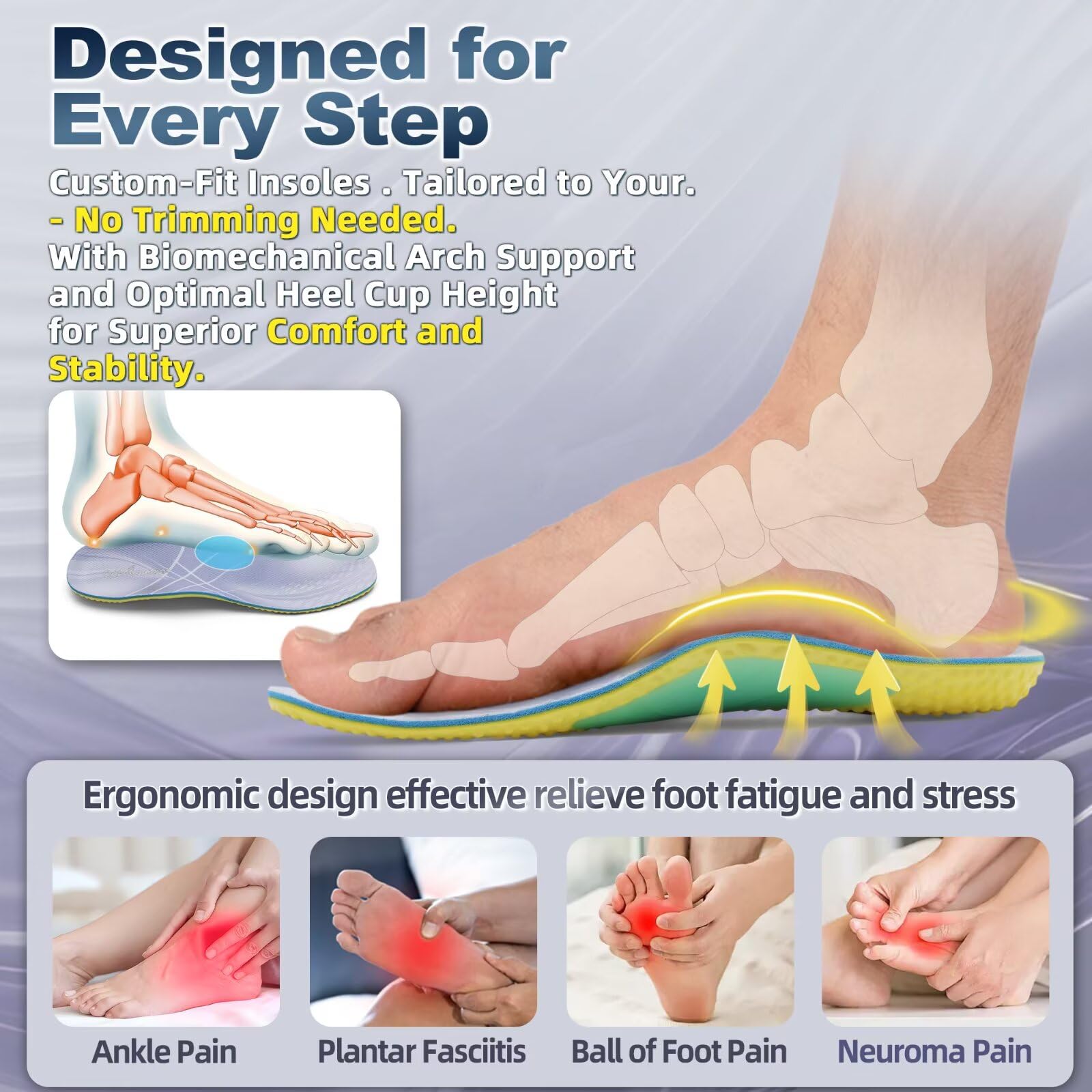 OrthoComfoot flat feet insoles gel-pad close-up highlighting cushioned heel shock absorption.