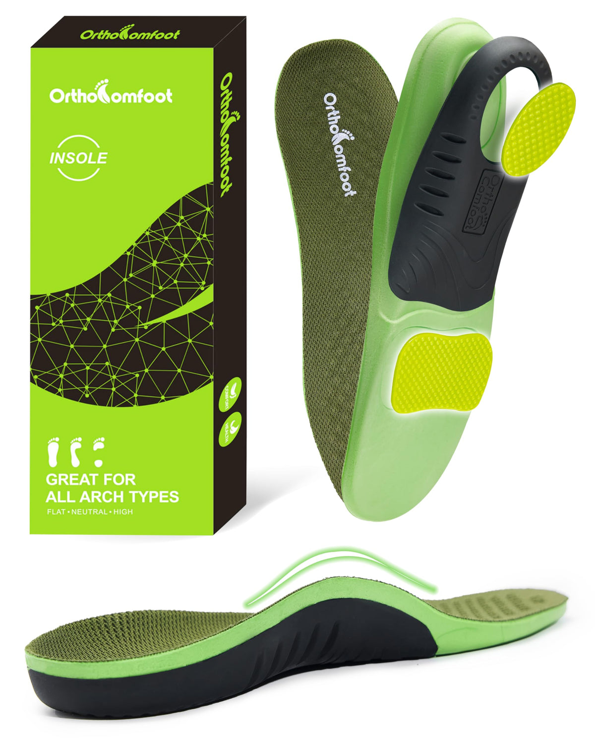 OrthoComfoot high arch support insoles front view for improved foot alignment.