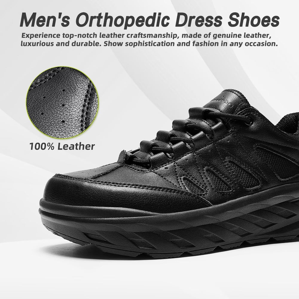 OrthoComfoot breathable leather upper keeps feet cool during long wear.