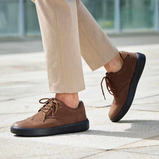 OrthoComfoot brown leather sole close-up highlights durable traction