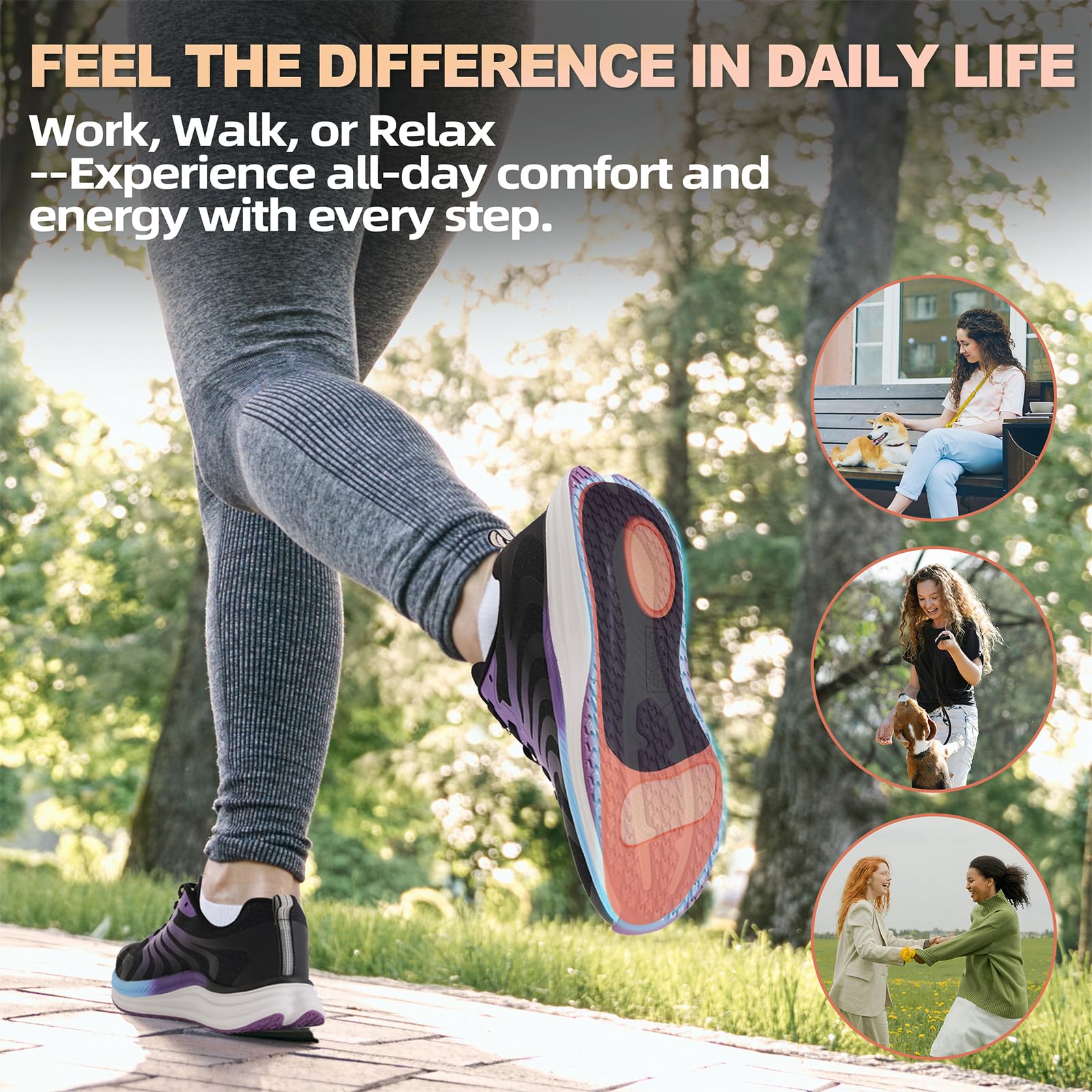 OrthoComfoot metatarsal-pad support cushions the forefoot for comfortable weight distribution.