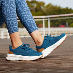 Stylish blue walking shoes by OrthoComfoot designed for travel
