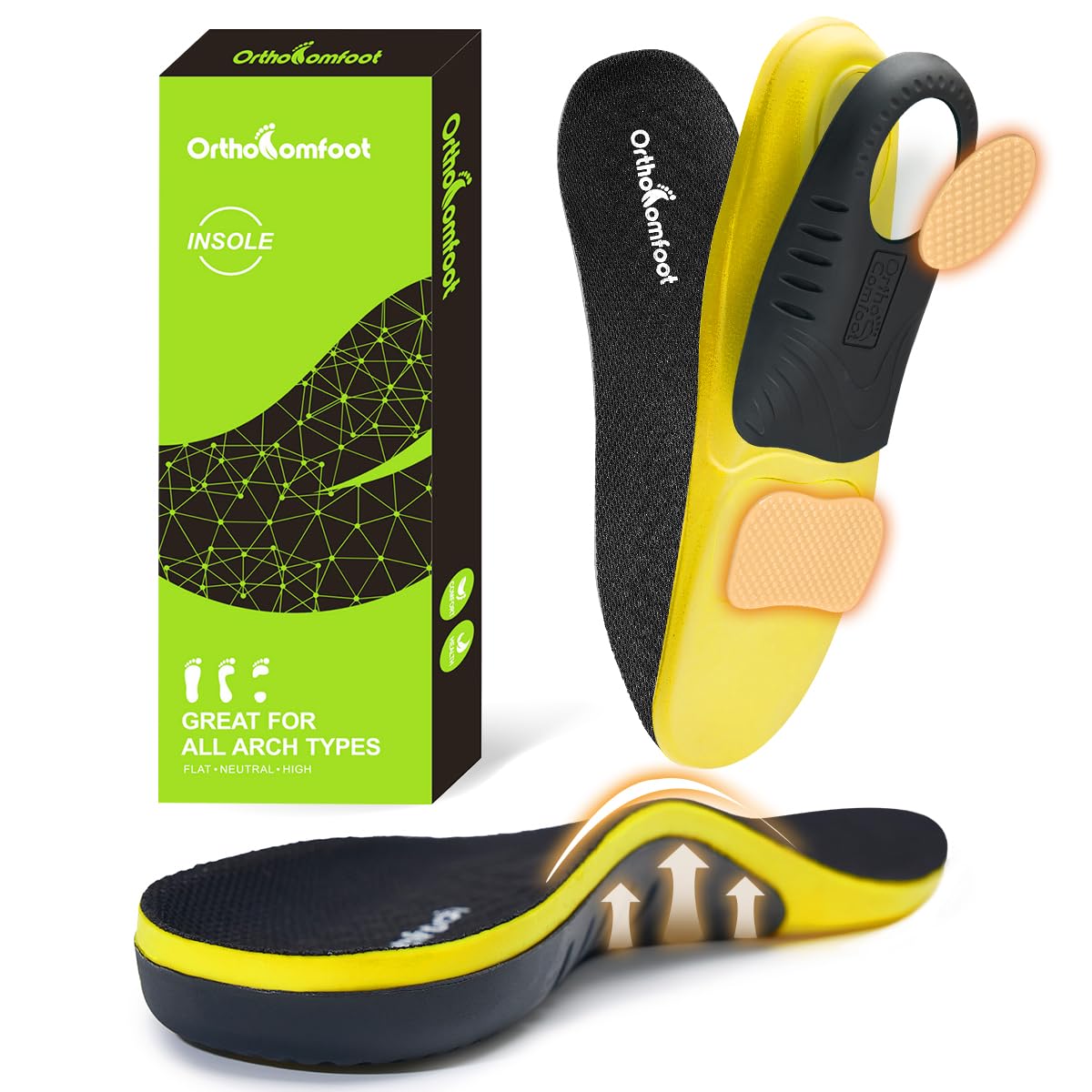 OrthoComfoot work boot insoles show arch support for all-day comfort.