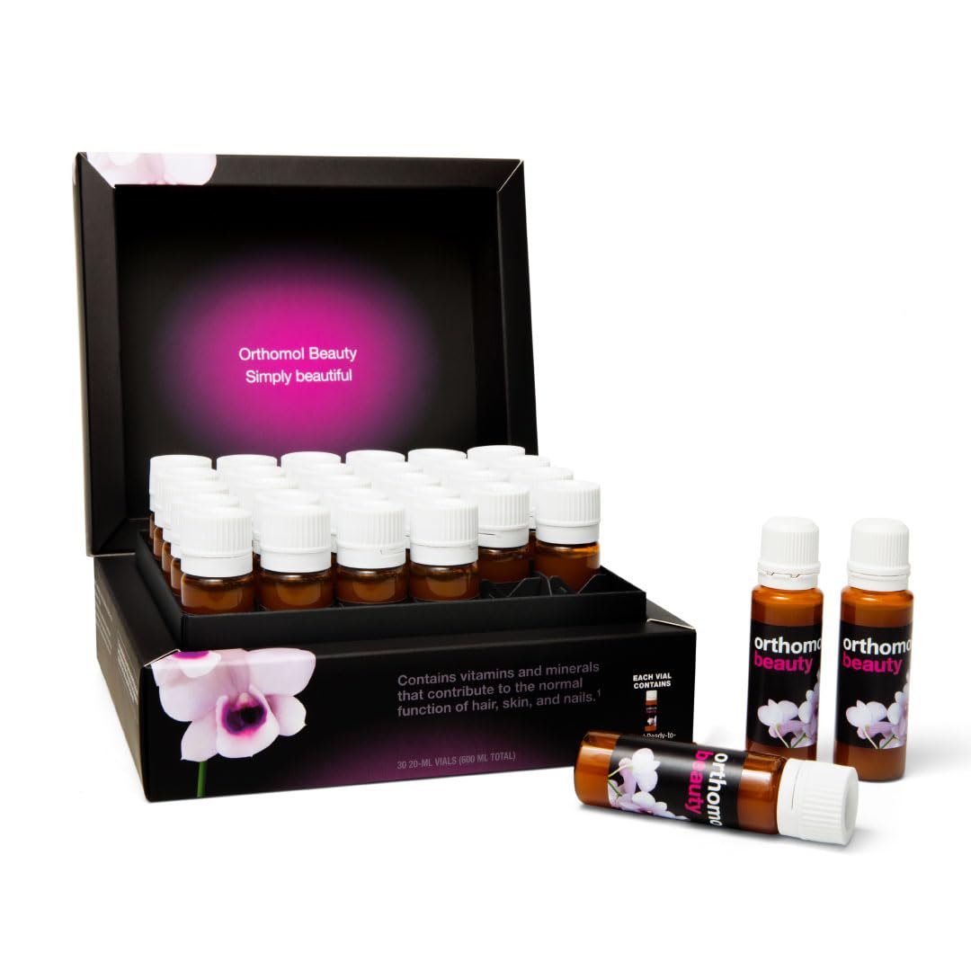 Orthomol Beauty Vial bottle on white background for daily skin, hair, and nails support.
