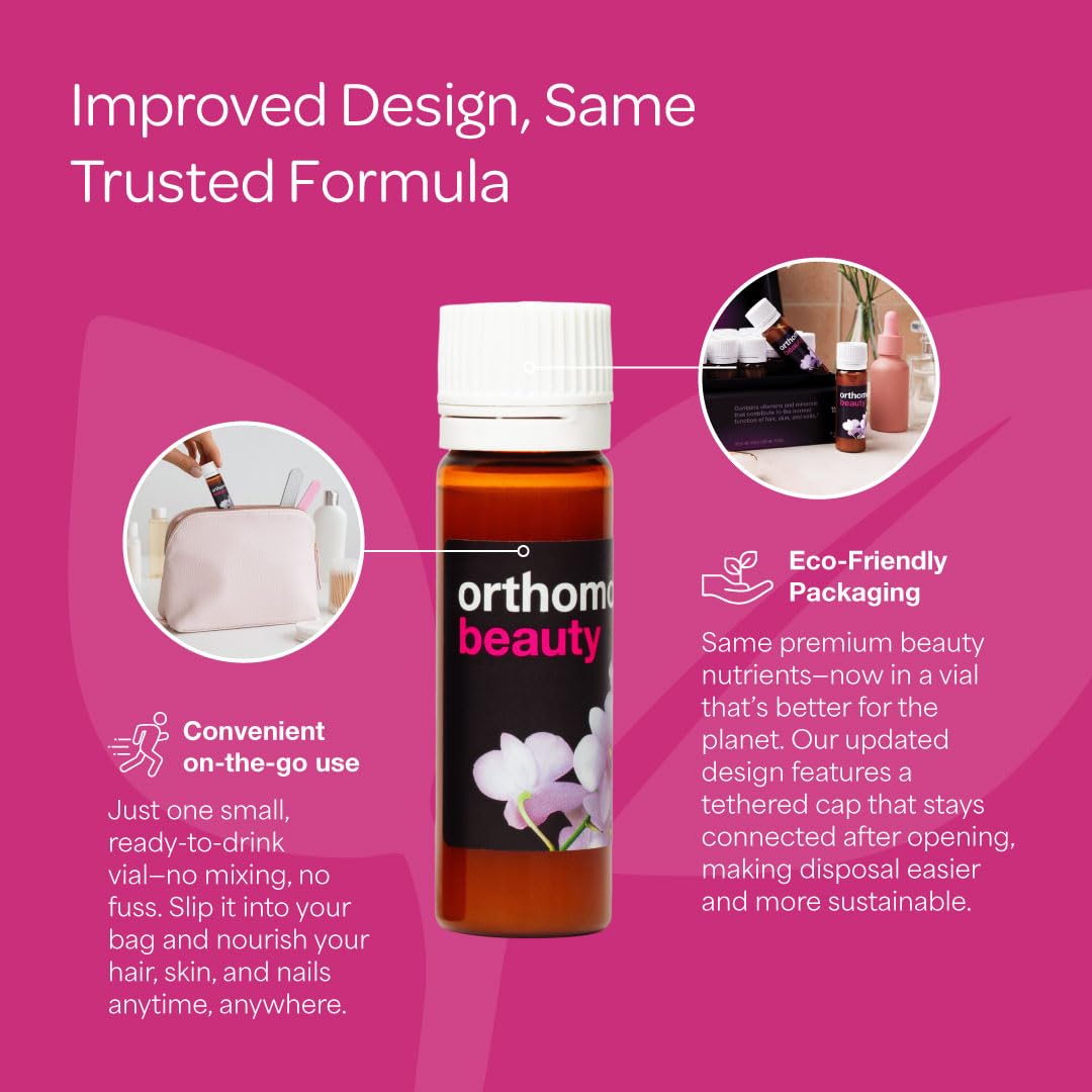 Orthomol Beauty Vial packaging display highlighting gluten-free and lactose-free promise.