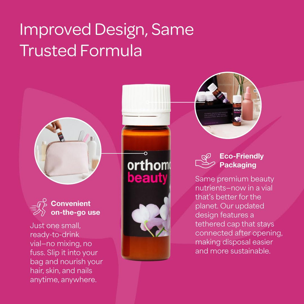 Orthomol Beauty Vial packaging display highlighting gluten-free and lactose-free promise.