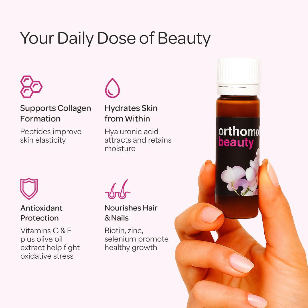 Orthomol Beauty Vial skin radiance shot emphasizing hydration and elasticity.