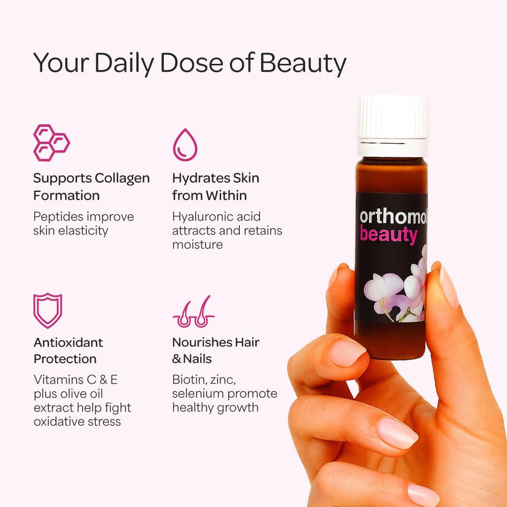 Orthomol Beauty Vial skin radiance shot emphasizing hydration and elasticity.