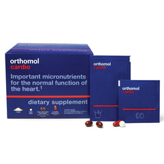 Orthomol Cardio daily pack contents shown for convenient heart health support.