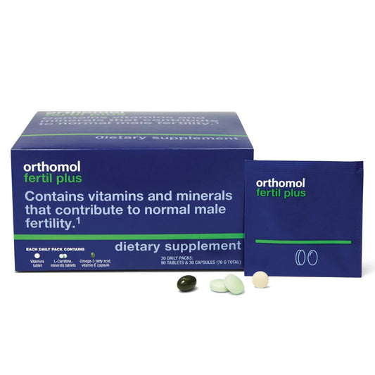 Orthomol Fertil Plus bottle pack for daily male fertility support and convenient dosing.