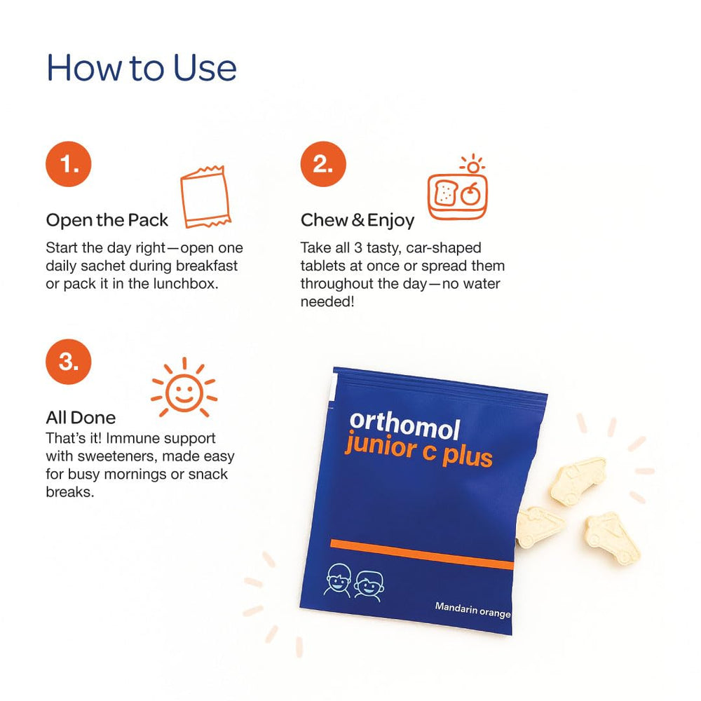 Orthomol Immun Junior C Plus packaging on shelf signals family-friendly nutrition.