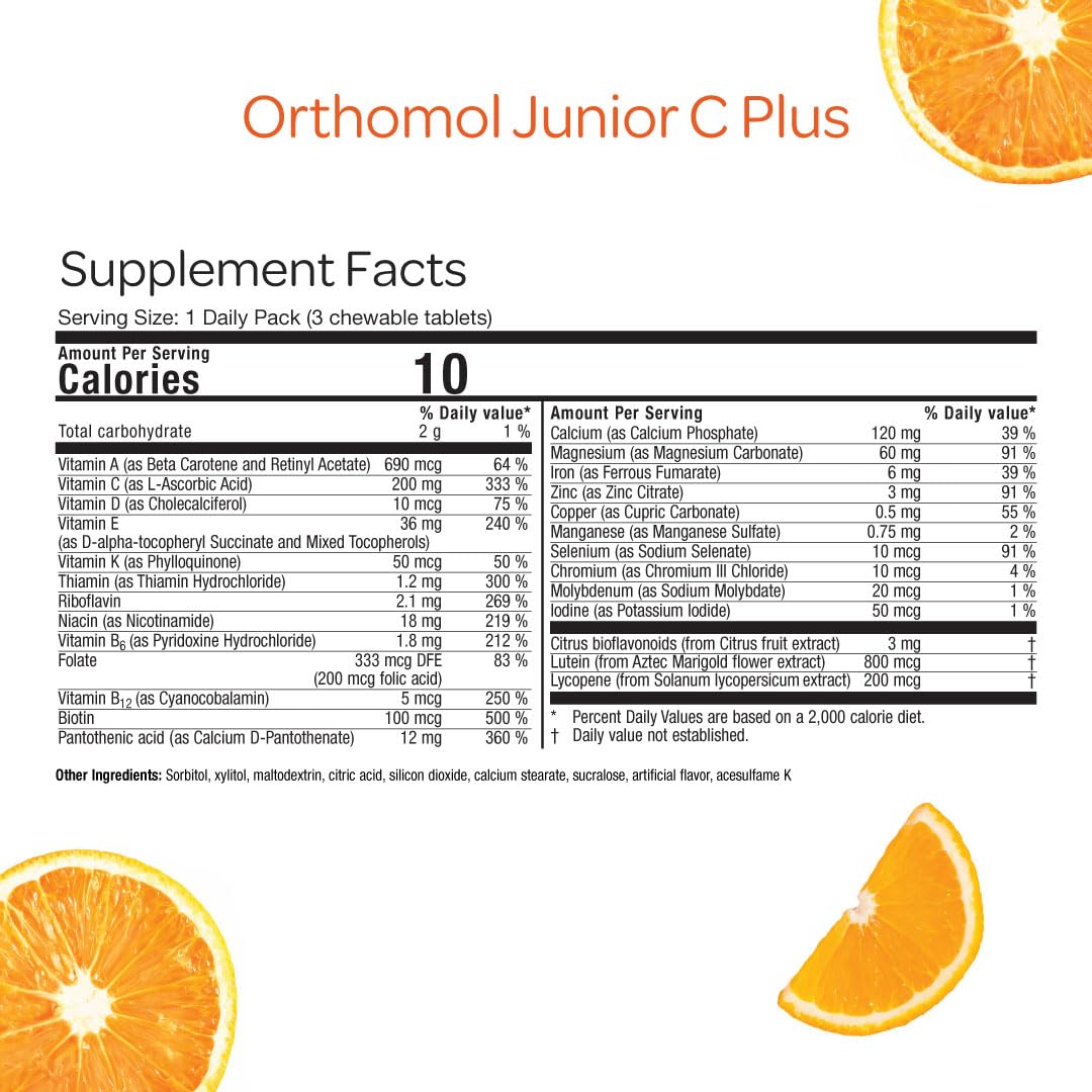 Orthomol Immun Junior C Plus Tangerine flavor close-up appeals to children.