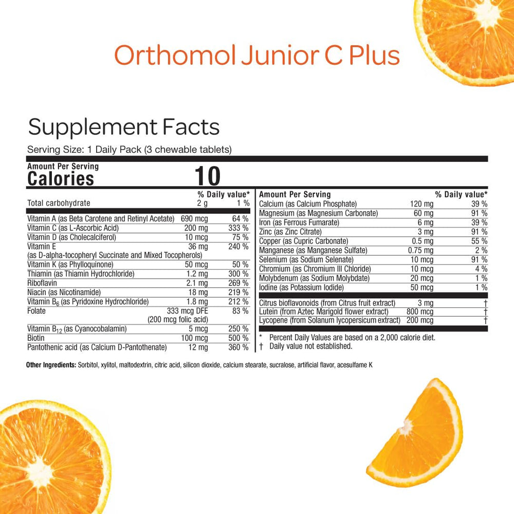 Orthomol Immun Junior C Plus Tangerine flavor close-up appeals to children.
