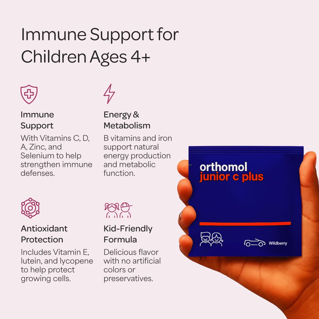 Orthomol Immun Junior C Plus wildberry packaging highlights a 30-day plan.