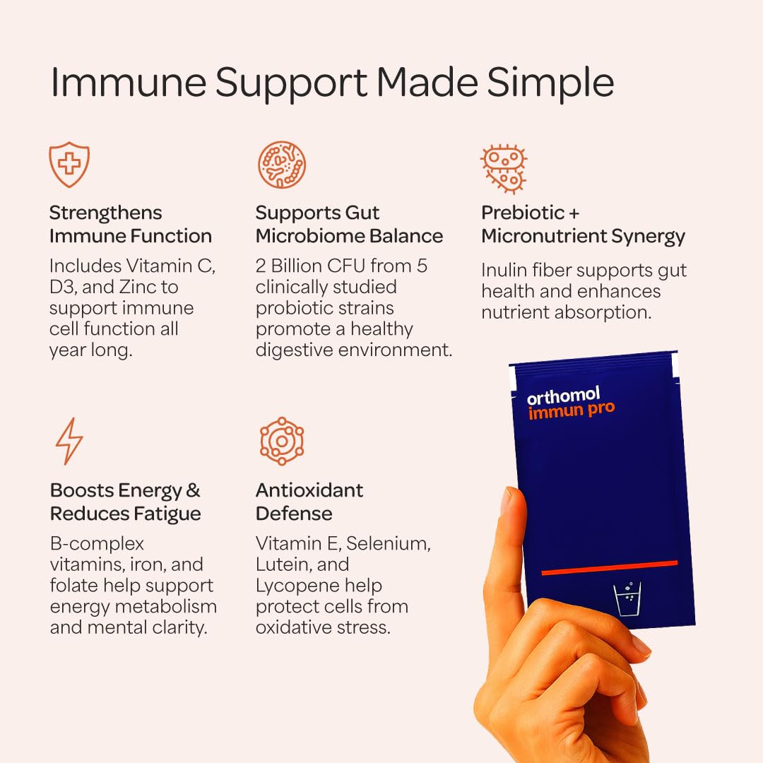 Close-up of Orthomol Immun Pro probiotic strains label with CFU details.